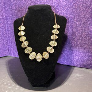 Gold Tone Statement Necklace Textured Oval Panels on Flux Leather Cord C2